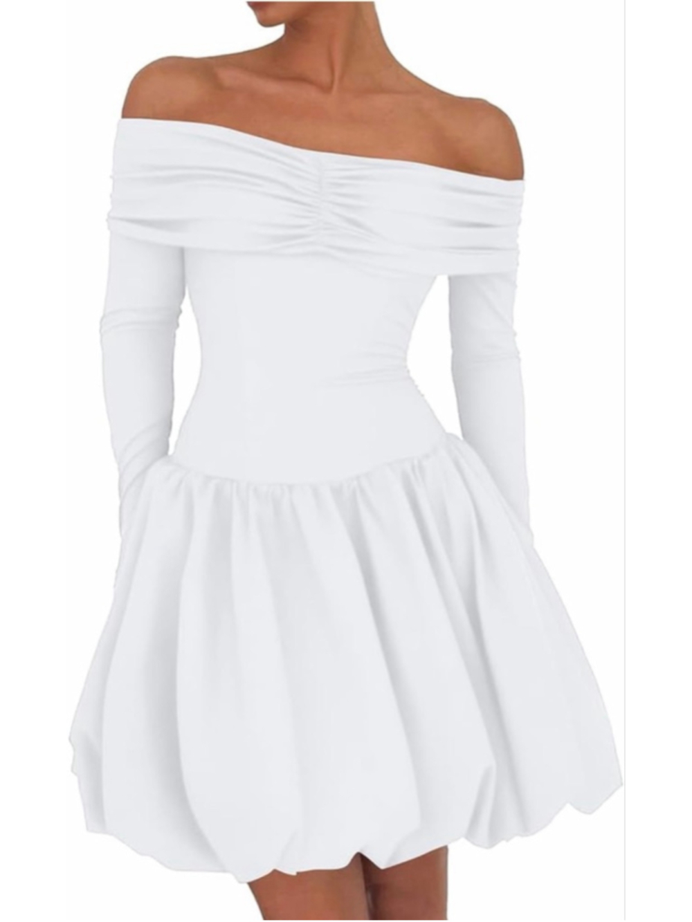 NEW White Off Shoulder Mini Bubble Dress Long Sleeve Drop Waist M